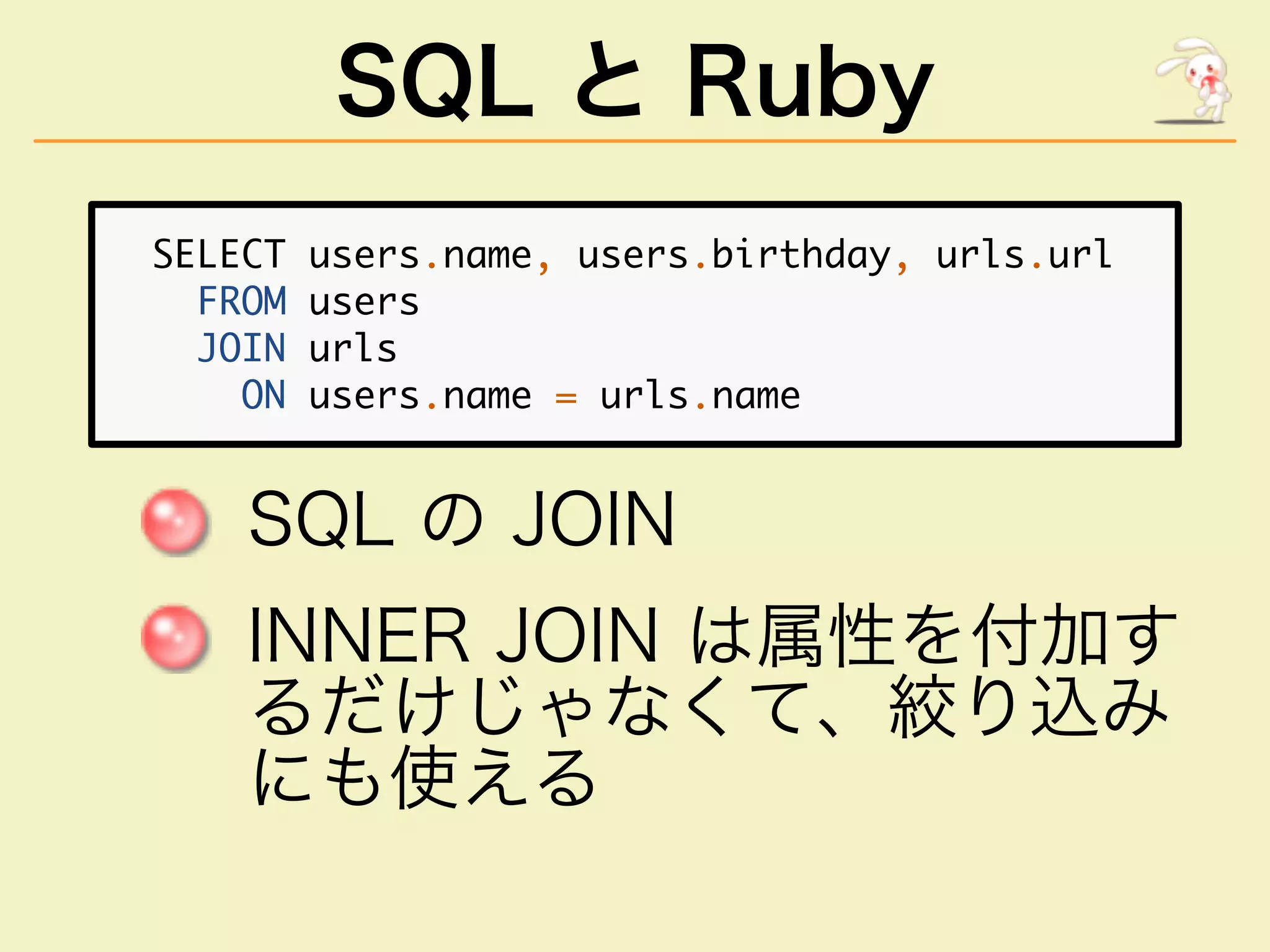 SQL と Ruby
�������������������������������������������
������������
�����������
�����������������������������
����������
������������������
�������������
�����
 
