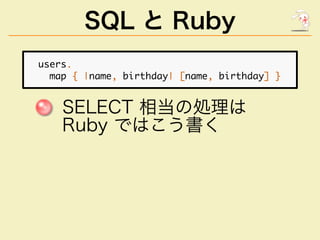 SQL と Ruby
������
�������������������������������������������
��������������
�����������
 