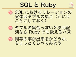 SQL と Ruby
���������������
�������������
��������
�������������
����������������
�������������
�����������
 