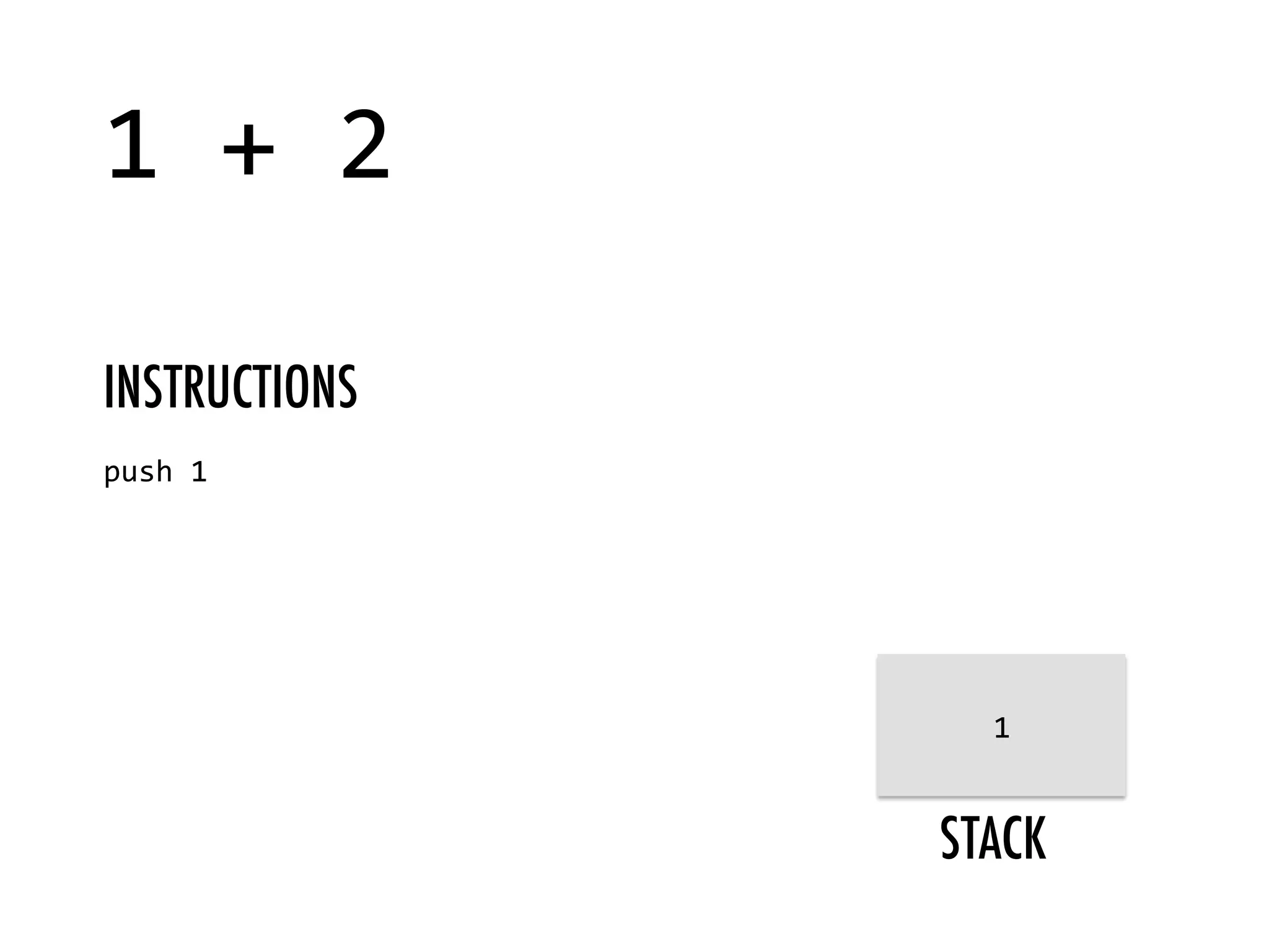 STACK 1  +  2   push  1   INSTRUCTIONS 1   