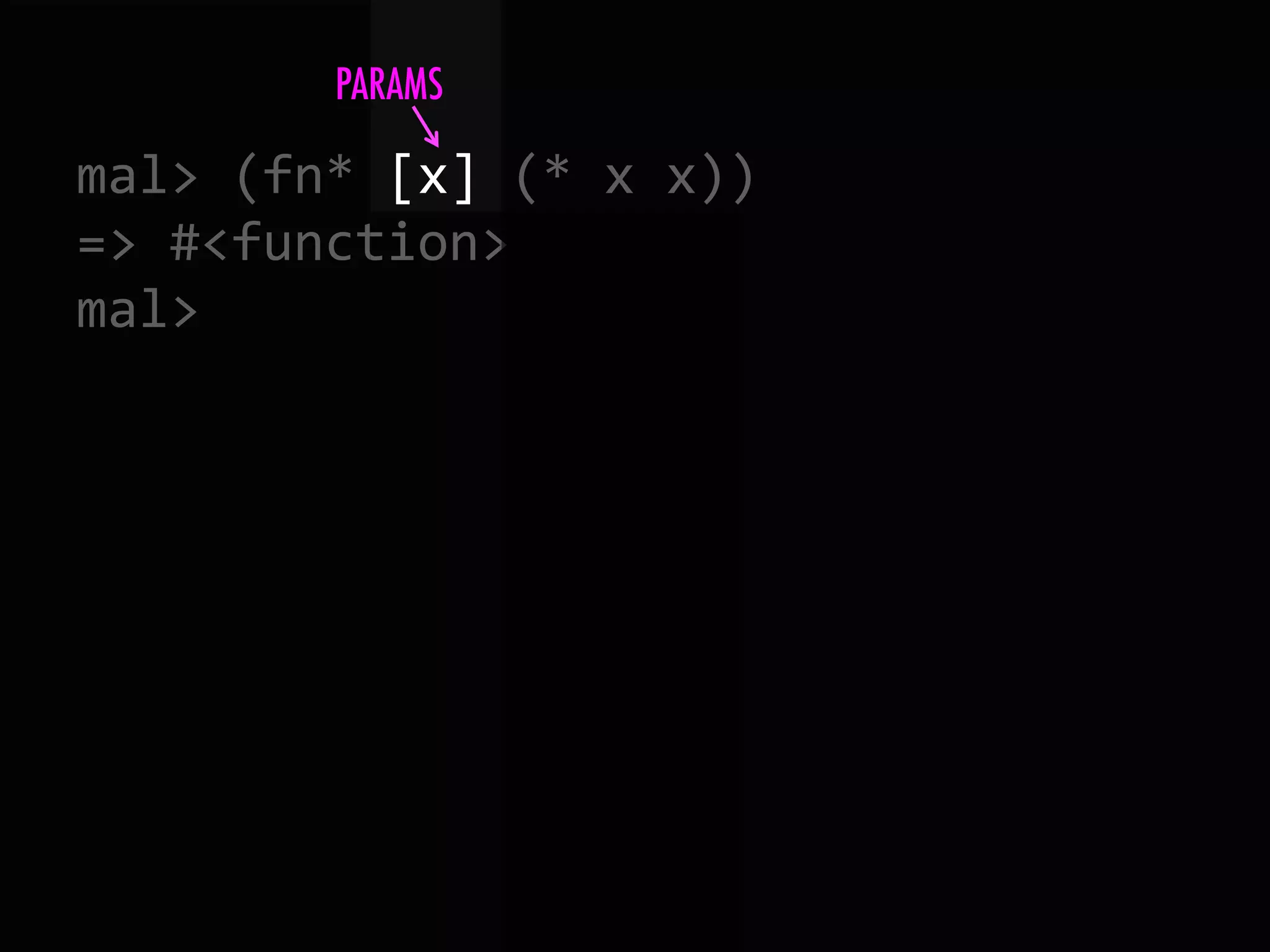 mal>  (fn*  [x]  (*  x  x))   =>  #<function>   mal>   PARAMS 