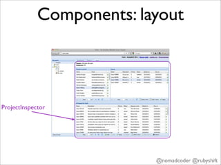 Components: layout



ProjectInspector




                           @nomadcoder @rubyshift
 