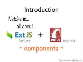 Introduction
Netzke is...
    all about...

     front end
                   +       back end

      ~ components ~
                       @nomadcoder @rubyshift
 