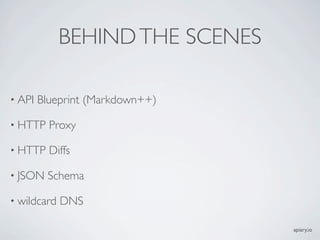 BEHIND THE SCENES

• API   Blueprint (Markdown++)

• HTTP    Proxy

• HTTP    Diffs

• JSON   Schema

• wildcard   DNS

                                 apiary.io
 