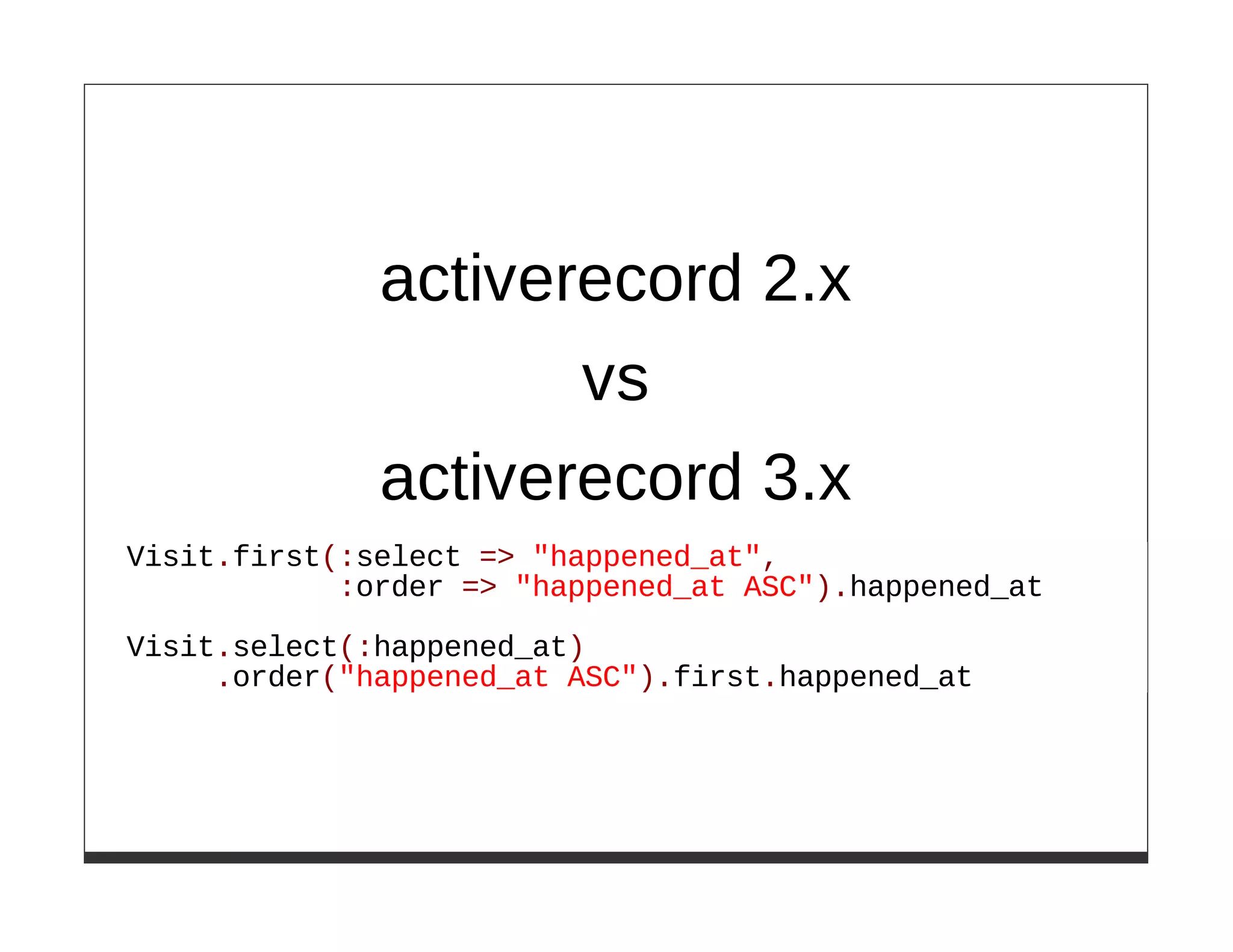 activerecord 2.x
                     vs
              activerecord 3.x
Visit.first(:select => "happened_at",
            :order => "happened_at ASC").happened_at

Visit.select(:happened_at)
     .order("happened_at ASC").first.happened_at
 