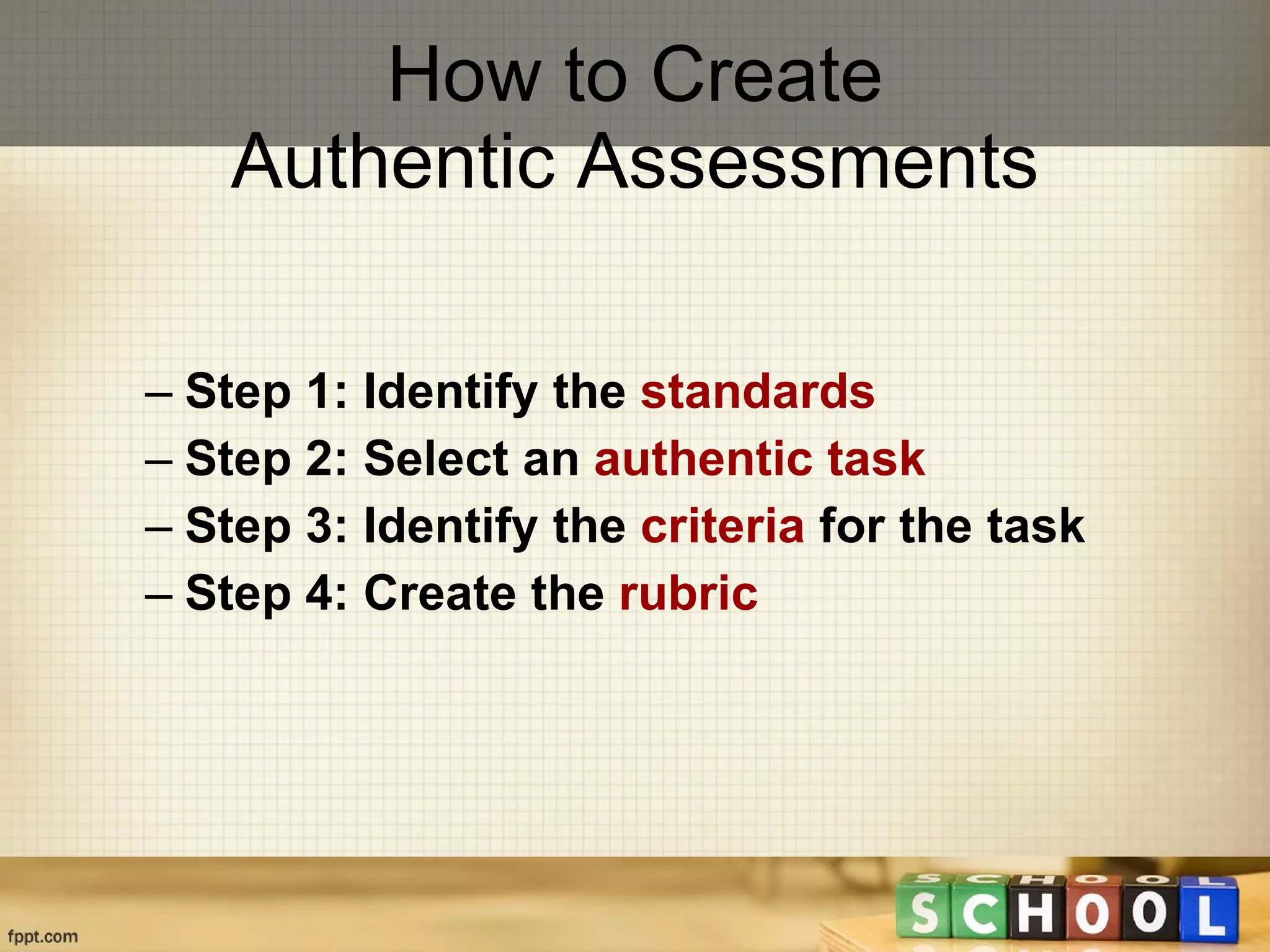 How to Create Authentic Assessments Step 1: Identify the  standards Step 2: Select an  authentic task Step 3: Identify the  criteria  for the task   Step 4: Create the  rubric   