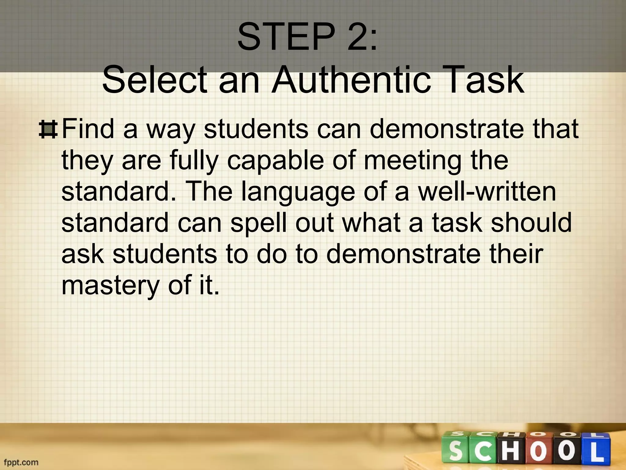 STEP 2:  Select an Authentic Task Find a way students can demonstrate that they are fully capable of meeting the standard. The language of a well-written standard can spell out what a task should ask students to do to demonstrate their mastery of it.  