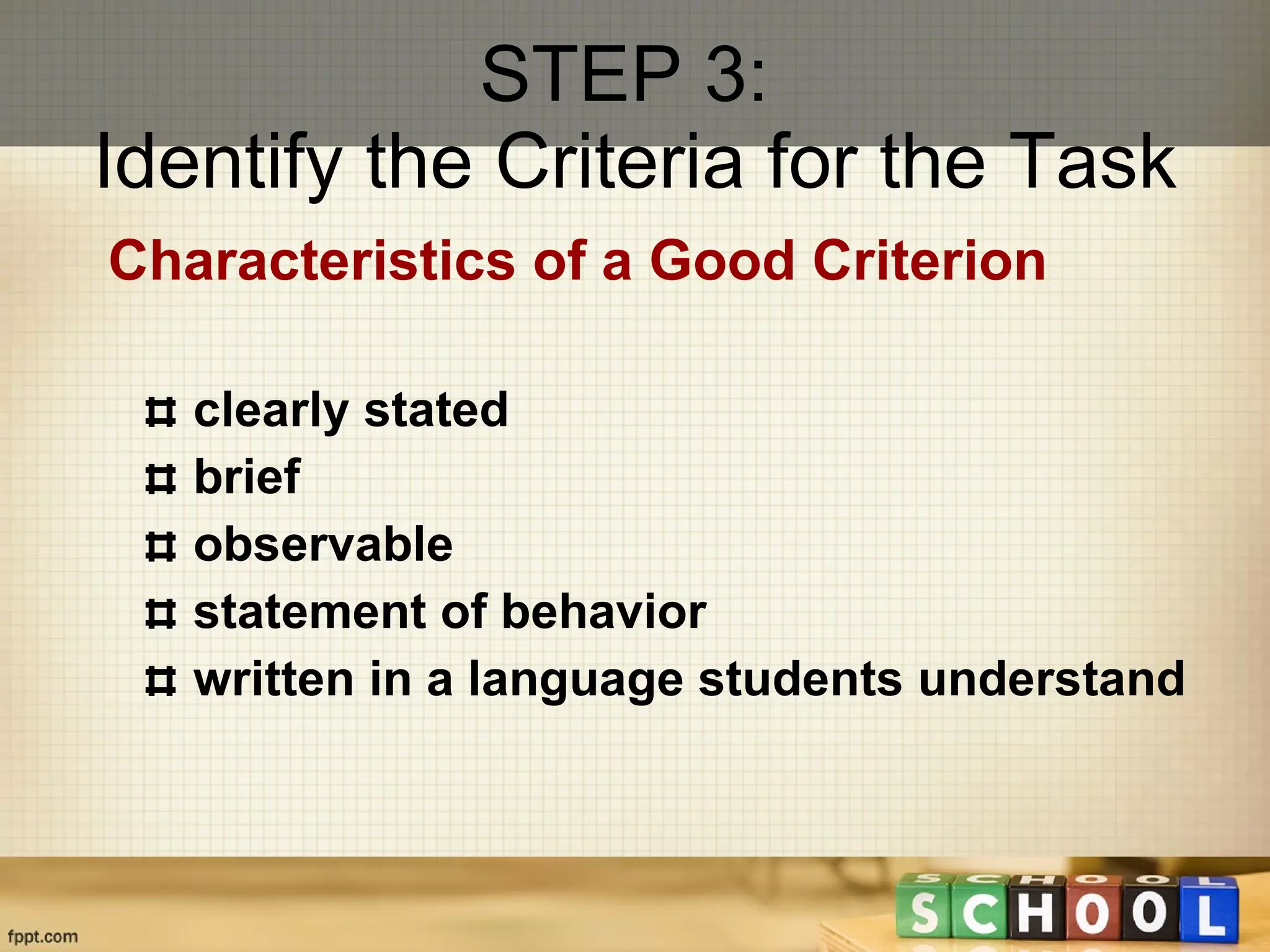 STEP 3:  Identify the Criteria for the Task Characteristics of a Good Criterion clearly stated brief observable statement of behavior written in a language students understand 