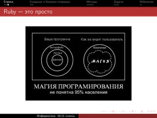 Строки    Создание и базовые операции    Методы   Задачи   References



Ruby     это просто




              Информатика 10-11 классы
 