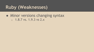 Ruby (Weaknesses)
● Minor versions changing syntax
o 1.8.7 vs. 1.9.3 vs 2.x
 