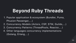 BeyondRubyThreads
1. Popular application & ecosystem (Bundler, Puma,
Phusion Passenger,...)
2. Concurrency Models (Actors, CSP, STM, Guilds,...)
3. Concurrency Patterns (ThreadPools, Reactor,...)
4. Other languages concurrency implementations
(Golang, Erlang,...)
5555
 