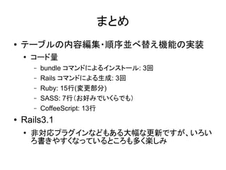 まとめ
●   テーブルの内容編集・順序並べ替え機能の実装
    ●   コード量
        –   bundle コマンドによるインストール: 3回
        –   Rails コマンドによる生成: 3回
        –   Ruby: 15行(変更部分)
        –   SASS: 7行（お好みでいくらでも）
        –   CoffeeScript: 13行
●   Rails3.1
    ●
        非対応プラグインなどもある大幅な更新ですが、いろい
        ろ書きやすくなっているところも多く楽しみ
 