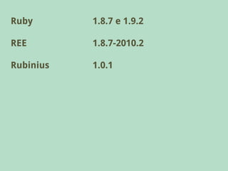 Ruby       1.8.7 e 1.9.2

REE        1.8.7-2010.2

Rubinius   1.0.1
 