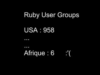 Ruby User Groups

USA : 958
...
...
Afrique : 6   :'(
 