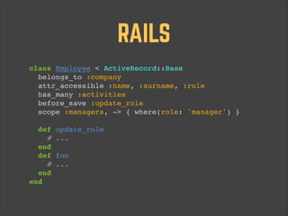 RAILS
class Employee < ActiveRecord::Base!
belongs_to :company!
attr_accessible :name, :surname, :role!
has_many :activities!
before_save :update_role!
scope :managers, -> { where(role: 'manager') }!
!
def update_role!
# ...!
end!
def foo!
# ...!
end !
end

 