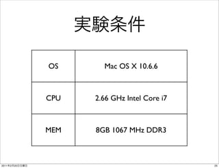 OS      Mac OS X 10.6.6



                CPU   2.66 GHz Intel Core i7



                MEM   8GB 1067 MHz DDR3



2011   2   20                                  25
 