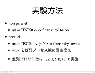 • non parallel
        • make TESTS=’-v -x ﬁber ruby’ test-all
       • parallel
        • make TESTS=’-v -j<N> -x ﬁber ruby’ test-all
        • <N>
        •                    1, 2, 3, 5, 8, 13


2011   2   20                                           26
 