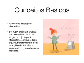 Conceitos Básicos
Ruby é uma linguagem
interpretada.

Em Ruby, existe um arquivo
com a extensão .rb e um
programa cujo papel é
interpretar o conteúdo deste
arquivo, transformando-o em
instruções de máquina e
executando o comportamento
esperado.
 