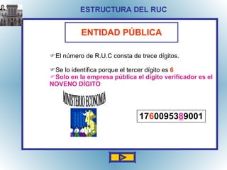 ESTRUCTURA DEL RUC ENTIDAD PÚBLICA El número de R.U.C consta de trece dígitos. Se lo identifica porque el tercer dígito es  6 Solo en la empresa pública el dígito verificador es el NOVENO DÍGITO 17 6 00953 8 9001 MINISTERIO ECONOMIA 