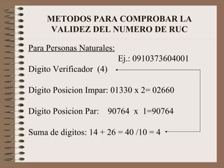METODOS PARA COMPROBAR LA VALIDEZ DEL NUMERO DE RUC Para Personas Naturales: Ej.: 0910373604001 Digito Verificador  (4) Digito Posicion Impar: 01330 x 2= 02660 Digito Posicion Par:  90764  x  1=90764 Suma de digitos: 14 + 26 = 40 /10 = 4 
