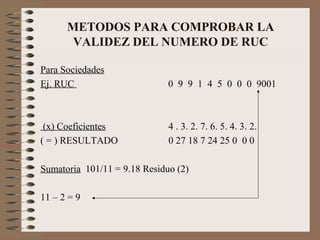 METODOS PARA COMPROBAR LA VALIDEZ DEL NUMERO DE RUC Para Sociedades Ej. RUC    0  9  9  1  4  5  0  0  0  9001  (x) Coeficientes   4 . 3. 2. 7. 6. 5. 4. 3. 2. ( = ) RESULTADO 0 27 18 7 24 25 0  0 0 Sumatoria   101/11 = 9.18 Residuo (2) 11 – 2 = 9 