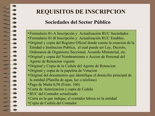      REQUISITOS DE INSCRIPCION Sociedades del Sector P ú blico Formulario 01-A Inscripción y  Actualización RUC Sociedades Formulario 01-B Inscripción y  Actualización RUC Establec. Original y copia del Registro Oficial donde conste la creacion de la Entidad o Institucion Publica,  el cual puede ser Ley, Decreto, Ordenanza de Organismo Seccional, Acuerdo Ministerial, etc. Original y copia del Nombramiento o Accion de Personal del Agente de Retencion vigente Original y Copia de la Cedula del Agente de Retencion Original y copia de la papeleta de Votacion Original del documentos que identifique el domicilio principal de la entidad (Planilla de agua, luz o telefono) Pago de Multa 0,50 (Form. 106) Carta de Autorizacion y copia de Cedula RUC del Contador actualizado Carta en la que indique, el contador labora en la entidad Copia de Cedula del Contador 