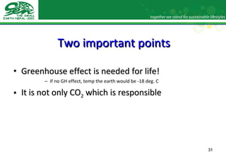 Two important points Greenhouse effect is needed for life! If no GH effect, temp the earth would be -18 deg. C It is not only CO 2  which is responsible 