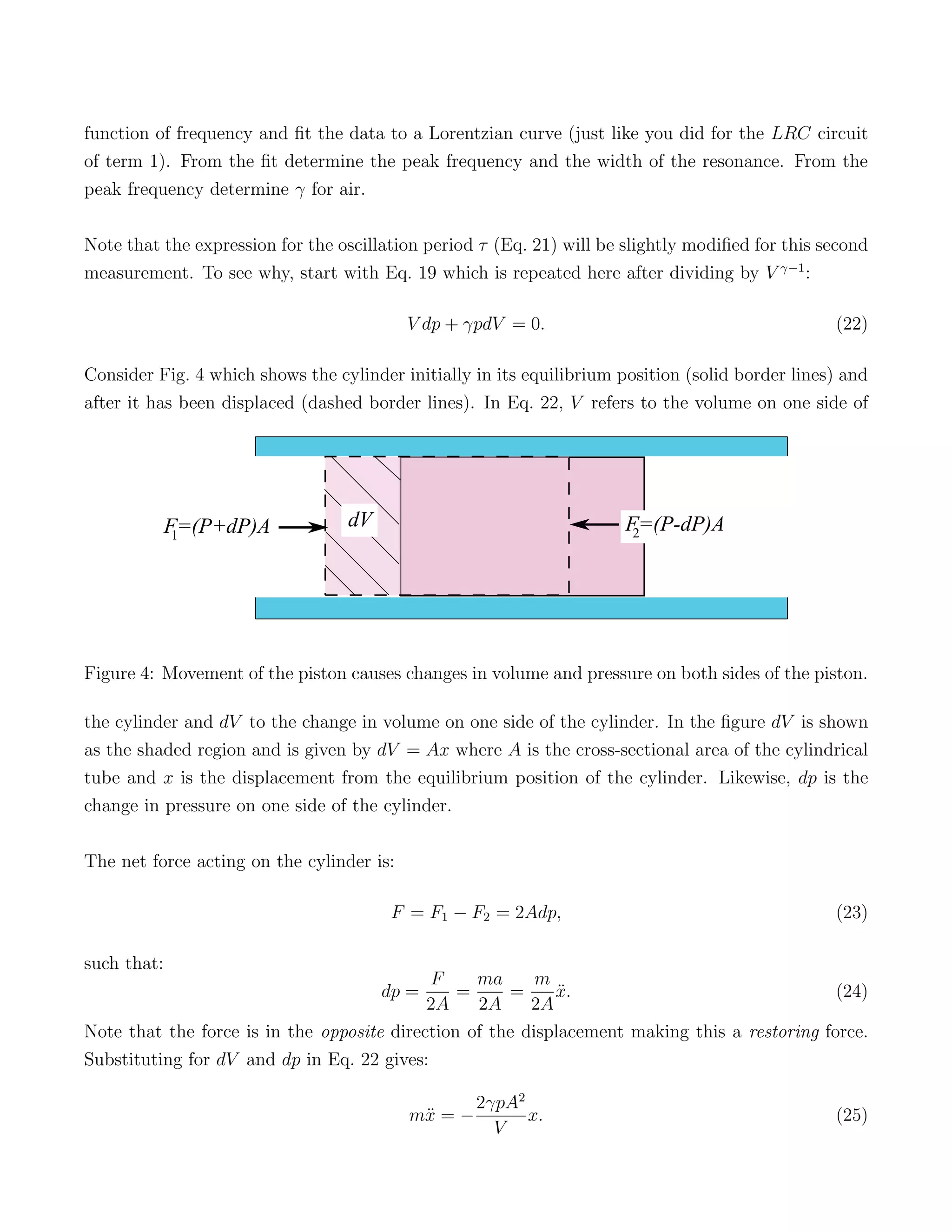 function of frequency and ﬁt the data to a Lorentzian curve (just like you did for the LRC circuit
of term 1). From the ﬁt determine the peak frequency and the width of the resonance. From the
peak frequency determine γ for air.

Note that the expression for the oscillation period τ (Eq. 21) will be slightly modiﬁed for this second
measurement. To see why, start with Eq. 19 which is repeated here after dividing by V γ−1 :

                                           V dp + γpdV = 0.                                       (22)

Consider Fig. 4 which shows the cylinder initially in its equilibrium position (solid border lines) and
after it has been displaced (dashed border lines). In Eq. 22, V refers to the volume on one side of




                                                                             





Figure 4: Movement of the piston causes changes in volume and pressure on both sides of the piston.

the cylinder and dV to the change in volume on one side of the cylinder. In the ﬁgure dV is shown
as the shaded region and is given by dV = Ax where A is the cross-sectional area of the cylindrical
tube and x is the displacement from the equilibrium position of the cylinder. Likewise, dp is the
change in pressure on one side of the cylinder.

The net force acting on the cylinder is:

                                        F = F1 − F2 = 2Adp,                                       (23)

such that:
                                            F     ma      m
                                       dp =     =     =     x.
                                                             ¨                                 (24)
                                            2A    2A     2A
Note that the force is in the opposite direction of the displacement making this a restoring force.
Substituting for dV and dp in Eq. 22 gives:

                                                    2γpA2
                                           m¨ = −
                                            x             x.                                      (25)
                                                      V
 