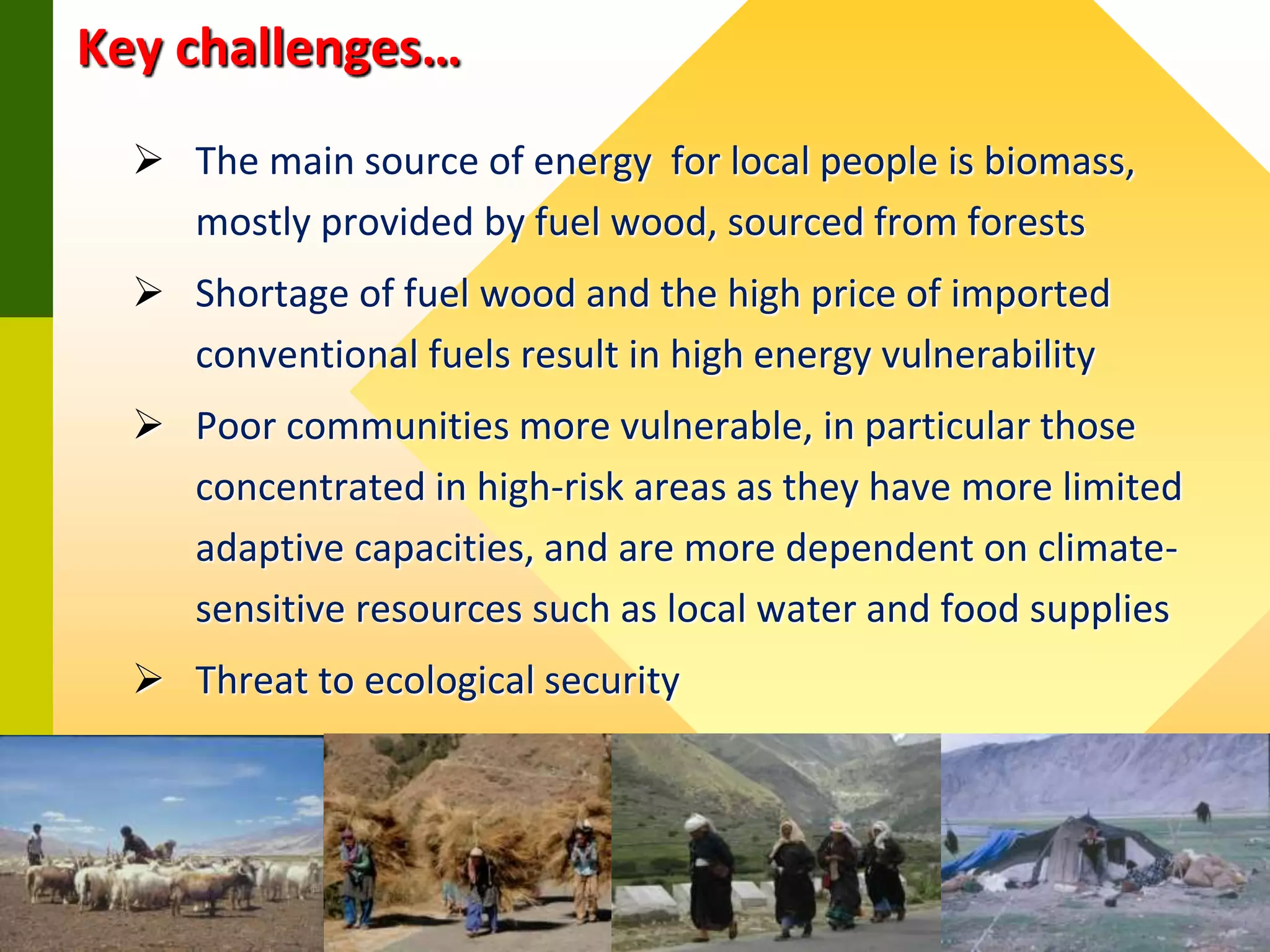  The main source of energy for local people is biomass,
mostly provided by fuel wood, sourced from forests
 Shortage of fuel wood and the high price of imported
conventional fuels result in high energy vulnerability
 Poor communities more vulnerable, in particular those
concentrated in high-risk areas as they have more limited
adaptive capacities, and are more dependent on climate-
sensitive resources such as local water and food supplies
 Threat to ecological security
Key challenges…
 