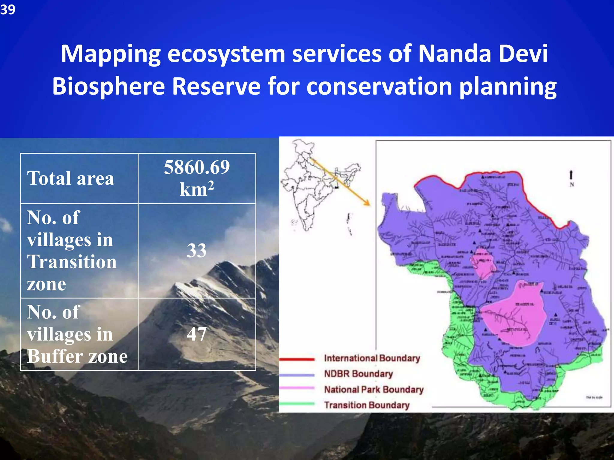 39
Total area
5860.69
km2
No. of
villages in
Transition
zone
33
No. of
villages in
Buffer zone
47
 