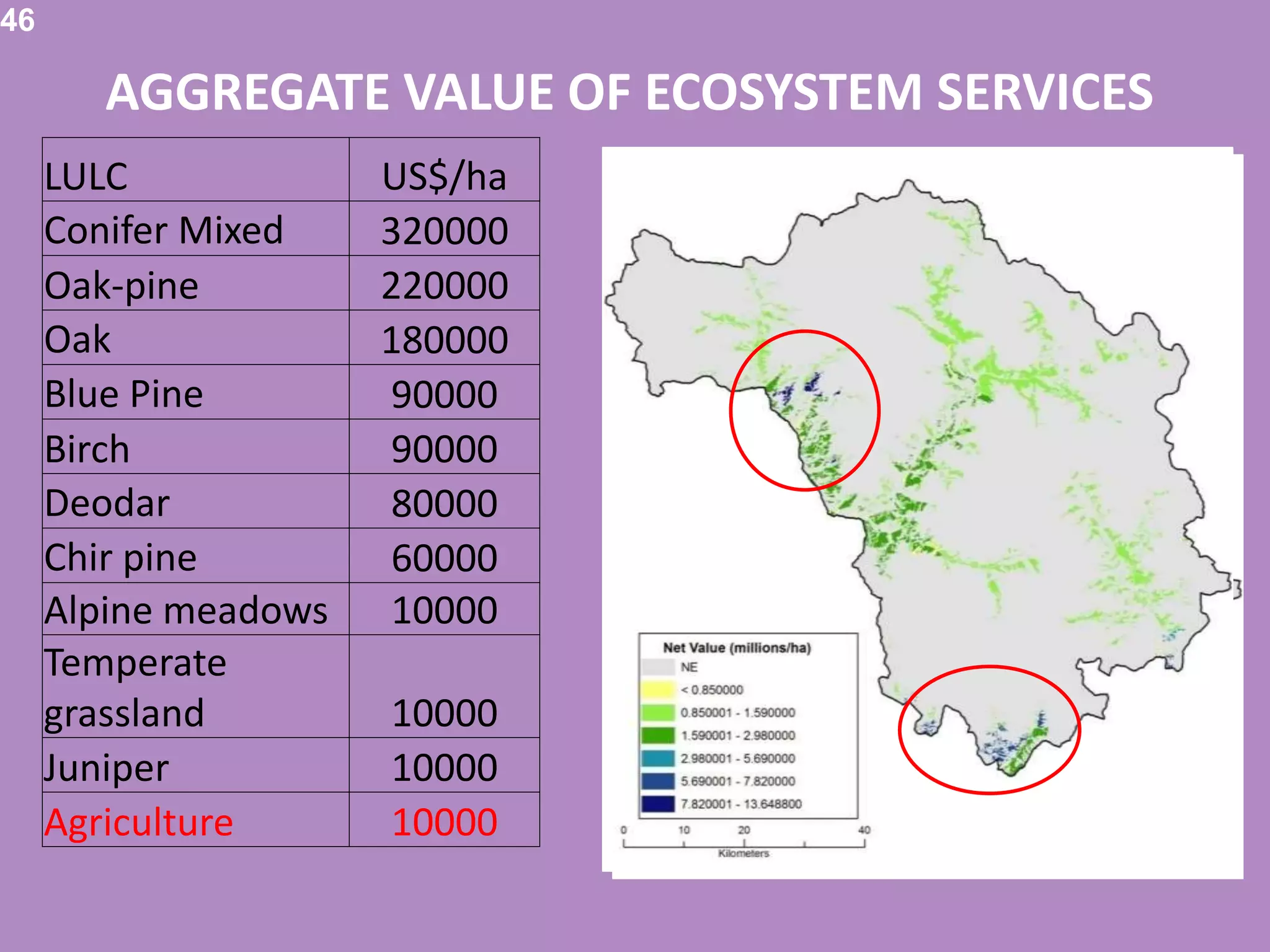 46
AGGREGATE VALUE OF ECOSYSTEM SERVICES
LULC US$/ha
Conifer Mixed 320000
Oak-pine 220000
Oak 180000
Blue Pine 90000
Birch 90000
Deodar 80000
Chir pine 60000
Alpine meadows 10000
Temperate
grassland 10000
Juniper 10000
Agriculture 10000
 