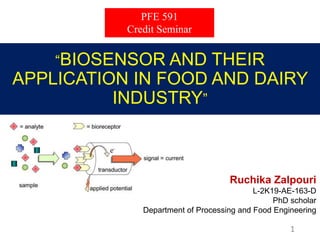 1
“BIOSENSOR AND THEIR
APPLICATION IN FOOD AND DAIRY
INDUSTRY”
Ruchika Zalpouri
L-2K19-AE-163-D
PhD scholar
Department of Processing and Food Engineering
PFE 591
Credit Seminar
 