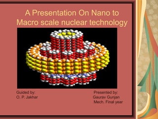 A Presentation On Nano to
Macro scale nuclear technology




Guided by:          Presented by:
O. P. Jakhar        Gaurav Gunjan
                    Mech. Final year
 