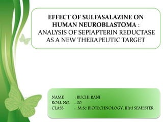 EFFECT OF SULFASALAZINE ON
HUMAN NEUROBLASTOMA :
ANALYSIS OF SEPIAPTERIN REDUCTASE
AS A NEW THERAPEUTIC TARGET
NAME : RUCHI RANI
ROLL NO. : 20
CLASS : M.Sc BIOTECHNOLOGY, IIIrd SEMESTER
 