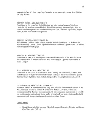 25
awarded the World’s Best Low-Cost Carrier for seven consecutive years, from 2009 to
2015, by Skytrax.
AIRASIA INDIA - AIRLINE CODE: I5
Established in 2013, AirAsia (India) Limited is a joint venture between Tata Sons
Limited & AirAsia Investment Limited. The airline currently operates flights from its
current base in Bengaluru and Delhi to Chandigarh, Goa, Guwahati, Hyderabad, Imphal,
Jaipur, Kochi, Pune and Visakhapatnam.
AIRASIA JAPAN - AIRLINE CODE: DJ
AirAsia Japan (AAJ) is a joint venture between AirAsia Investment Ltd, Rakuten Inc,
Noevir Holdings Co Ltd, Octave Japan Infrastructure Fund and Alpen Co Ltd. The airline
plans to operate from Nagoya.
AIRASIA X - AIRLINE CODE: D7
Established in 2007, it is the long-haul, low-cost affiliate carrier of the AirAsia Group
and currently flies to destinations in the Asia Pacific region. Operates from its hub in
Kuala Lumpur.
THAI AIRASIA X - AIRLINE CODE: XJ
Established in 2014, It is an extension of Asia’s leading low cost carrier, AirAsia, and
seeks to deliver everyday low fares to travellers seeking to travel to destinations greater
than four hours flight time from its hub, Bangkok Don Mueang International Airport.
INDONESIA AIRASIA X - AIRLINE CODE: XT
Indonesia AirAsia X is Indonesia’s first long-haul, low-cost carrier and an affiliate of the
AirAsia Group. Indonesia AirAsia X operates on Airbus A330-300s, with a seat
configuration of 12 Business Class seats and 365 Economy seats. Our vision is to solidify
our position as the national and global leader in long-haul, low-cost aviation and to build
a strong network along with other carriers of the AirAsia Group.
DIRECTORS:
 Datuk Kamarudin Bin Meranun (Non-Independent Executive Director and Group
Chief Executive Officer).
 