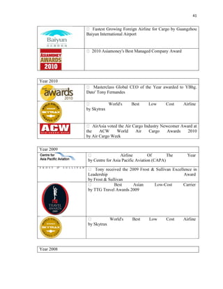 41
Foreign Airline for Cargo by Guangzhou
Baiyun International Airport
Year 2010
Dato' Tony Fernandes
by Skytrax
the ACW World Air Cargo Awards 2010
by Air Cargo Week
Year 2009
by Centre for Asia Pacific Aviation (CAPA)
Excellence in
Leadership Award
by Frost & Sullivan
-Cost Carrier
by TTG Travel Awards 2009
by Skytrax
Year 2008
 