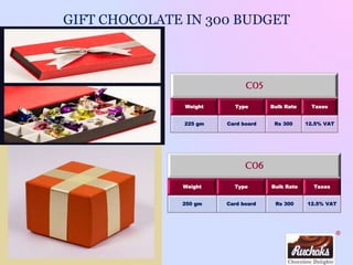 ®
C05
Weight Type Bulk Rate Taxes
225 gm Card board Rs 300 12.5% VAT
GIFT CHOCOLATE IN 300 BUDGET
C06
Weight Type Bulk Rate Taxes
250 gm Card board Rs 300 12.5% VAT
 