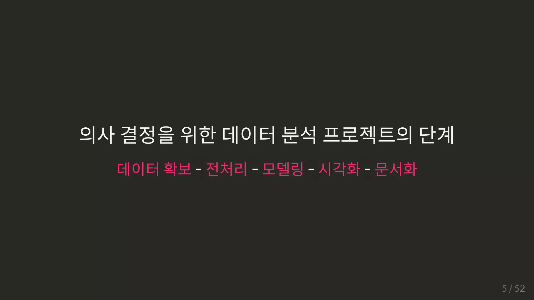 의사 결정을 위한 데이터 분석 프로젝트의 단계
데이터 확보 - 전처리 - 모델링 - 시각화 - 문서화
 