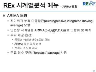 39
REx 시계열분석 메뉴 – ARIMA 모형
 ARIMA 모형
 자기회귀 누적 이동평균(autoregressive integrated moving-
average) 모형
 단변량 시계열을 ARIMA(p,d,q)(P,D,Q)s로 모형화 및 예측
 주요 제공 옵션:
 독립변수(외생변수) 도입 가능
 ARIMA 차수 자동 선택
 잔차진단 도표 제공
 주요 함수 구현: “forecast” package 사용
 