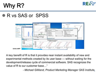 5
Why R?
 R vs SAS or SPSS
A key benefit of R is that it provides near instant availability of new and
experimental methods created by its user base — without waiting for the
development/release cycle of commercial software. SAS recognizes the
value of R to our customer base…”
- Michael Gilliland, Product Marketing Manager SAS Institute
 