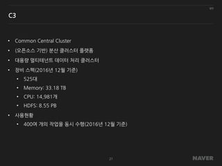 일반
21
C3
• Common Central Cluster
• (오픈소스 기반) 분산 클러스터 플랫폼
• 대용량 멀티테넌트 데이터 처리 클러스터
• 장비 스펙(2016년 12월 기준)
• 525대
• Memory: 33.18 TB
• CPU: 14,981개
• HDFS: 8.55 PB
• 사용현황
• 400여 개의 작업을 동시 수행(2016년 12월 기준)
 