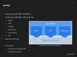 일반
24
sparklyr
• Apache spark에 대한 R 인터페이스
• 친숙한 dplyr 명령어를 그대로 사용 가능
• select
• filter
• mutate
• group_by
• summarize
• join
• Machine learning
• Extensions
• Calls the full spark API
• invoke() function
https://spark.rstudio.com/index.html
 