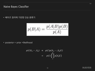 일반
32
Naive Bayes Classifier
• 베이즈 정리에 기반한 단순 분류기
• posterior ∝ prior *likelihood
𝑝 𝐶 𝑋1, ⋯ , 𝑋 𝑑 ∝ 𝑝 𝐶 𝑝 𝑋1, ⋯ , 𝑋 𝑑 𝐶
= 𝑝 𝐶 𝑝 𝑋𝑗 𝐶
𝑑
𝑗
 