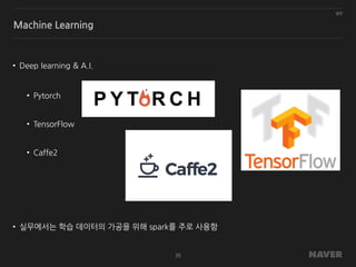 일반
35
Machine Learning
• Deep learning & A.I.
• Pytorch
• TensorFlow
• Caffe2
• 실무에서는 학습 데이터의 가공을 위해 spark를 주로 사용함
 