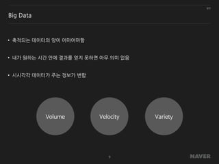 일반
9
Big Data
• 축적되는 데이터의 양이 어마어마함
• 내가 원하는 시간 안에 결과를 얻지 못하면 아무 의미 없음
• 시시각각 데이터가 주는 정보가 변함
VelocityVolume Variety
 