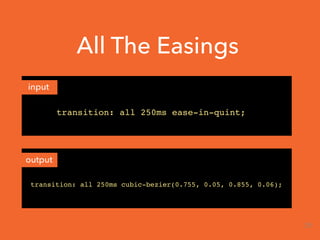 All The Easings
input
output
transition: all 250ms ease-in-quint;
transition: all 250ms cubic-bezier(0.755, 0.05, 0.855, 0.06);
29
 