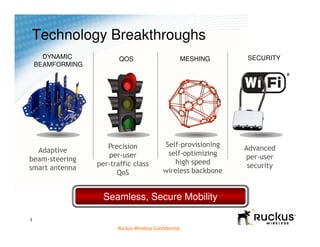 Technology Breakthroughs
      DYNAMIC            QOS                       MESHING        SECURITY
    BEAMFORMING




                     Precision               Self-provisioning   Advanced
  Adaptive                                    self-optimizing
                      per-user                                   per-user
beam-steering                                   high speed
                  per-traffic class                               security
smart antenna                               wireless backbone
                        QoS


                  Reliable,Plugable Deployment
                  Simple, Extensive Coverage
                   Seamless, Secure Mobility
                  Consistent, High Performance

1
                        Ruckus Wireless Confidential
 