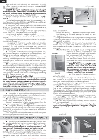 34
UZB
Информация для предварительного ознакомления. Официальной информацией изготовителя не являетсяИнформация для предварительного ознакомления. Официальной информацией изготовителя не является
Agar muzlatgich usti va uning yon tomonlarida bo‘sh joy
bo‘lmasa, muzlatgichni kamgakka o‘rnatish TA’QIQLANADI
(3.2 bandga qarang).
DIQQAT! Sovutgich metalldan ishlangan suv utkazgich
trubalariga,issiklik sistemalariga,kanalizatsiya va gaz ta‘min-
oti metall kurilmalariga va boshka metall kommunmikatsiya
uskunalariga urnatish ka‘iyan TA‘KIKLANADI!
Yong‘in xavfsizligini ta’minlash uchun quyidagilar TA’QIQL-
ANADI:
— ortiqcha tok yuklanmalaridan nosoz himoyaga ega elektr tar-
mog‘iga sovutgichni ulash. Elektr tarmog‘i 10 A tokiga mo‘ljallangan
himoya moslamasiga ega bo‘lishi kerak;
— sovutgichni elektr tarmog‘iga ulash uchun perexodniklar,
ko‘p o‘rinli rozetkalar (ikki va undan ko‘p ulanish joylariga ega) va
cho‘zdirish shnurlaridan foydalanish;
— sovutgichda kuchli alkogolli ichimliklarni (spirt tarkibi 40° va
undan yuqori) zich yopilmagan butilkalarda saqlash;
— muzlatgichda portlovchi moddalarni saqlash;
— MKda yaxlab qoluvchi suyuqliklar solingan shisha idishlarni
saqlash;
— kompressordagi erigan suvni yig‘ish uchun idish bo‘lmaganda
sovutgichdan foydalanish;
— sovutgichga 15 Vt dan ortiq quvvatga ega lampani o‘rnatish;
— sovutgich ustiga boshqa elektr uskunalarini o‘rnatish (mikro
to‘lqinli o‘choq, toster va boshq.), shuningdek, elektr simi unsurla-
riga namlik tushmasligi uchun suyuqliklar solingan idishlarni, xonaki
o‘simliklarni qo‘yish.
2.7 Sovutgichni ko‘chirish paytida sovutgichning bo‘rtib chiq-
uvchi qismlaridan shikast olmaslik uchun himoya qo‘lqoplari, perc-
hatkalar va boshqalardan foydalanish tavsiya etiladi.
2.8 Sovutgichni ta’mirlash faqat servis xizmatining malakali
mexanigi tomonidangina amalga oshirilishi kerak, chunki malak-
asiz bajarilgan ta’mirdan so‘ng mahsulot xavf manbasiga aylanishi
mumkin.
2.9 Sovutgich ishida elektr chirsillash, tutash va shu kabilar hosil
bo‘lishi bilan bog‘liq nosozliklar paydo bo‘lsa, quvvat yetkazish shnuri
ayrisini rozetkadan darhol chiqarib, sovutgichni elektr tarmog‘idan
uzish va servis xizmati mexanigini chaqirish lozim bo‘ladi.
Yong‘in paydo bo‘lganda sovutgichni darhol elektr tarmog‘idan
uzish, yong‘inni o‘chirish uchun choralar ko‘rish va yong‘in xavfsizligi
xizmatini chaqirish kerak bo‘ladi.
2.10 Sovutgich xizmati muddati 10 yil.
DIQQAT! Sovutgich xizmati muddati tugaganidan so‘ng
ishlab chiqaruvchi mahsulotning xavfsiz ishi uchun javobgar
bo‘lmaydi. Kelgusi foydalanish xavfli bo‘lishi mumkin, chunki
materiallarning tabiiy eskirishi va muzlatgichning tarkibiy qi-
smlari yedirilishi sababidan elektr va yong‘in jihatidan xavfli
vaziyatlar paydo bo‘lishi ehtimoli oshadi.
3 S OV U TG I C H N I O ‘ R N AT I S H
3.1 Sovutgichni tik quyosh nurlari tushmaydigan joyda, isitish
moslamalaridan (gaz va elektr plitalari, o‘choqlar va isitish radiato-
rlari) kamida 50 sm masofada o‘rnatish lozim.
3.2 Sovutgich tepasi va uning yon taraflaridan havo aylanishi
uchun kamida 5 sm ochiq joy bo‘lishi kerak.
Sovutgich ustida istalgan oshxona osilma uskunani 5 sm dan
yaqinroq masofaga joylashtirish TA’QIQLANADI.
3.3 Sovutgichni, 1 rasmiga muvofiq sozlanuvchan tayanchlarni
burab kirgizish yoki burab chiqarish orqali, polga nisbatan gorizo-
ntal ravishda o‘rnatish lozim. Sovutgich tayanchlar va g‘ildiraklarda
turg‘un turishi kerak.
Eshik o‘zi yopilishi uchun tayanchlarni burash orqali Sovutgichni
bir oz orqaga qiyalatib o‘rnatish tavsiya etiladi.
4 S OV U TG I C H N I FOY DA LA N I S H GA TAY YO R LAS H
4.1 Butlovchi qismlar upakovka materiallaridan (polietilen xalta-
lar, yelim tasmalar, ko‘pirtirilgan tashish qistirmalari) ozod qilinadi.
DIQQAT! Agar sovutgich shkafining va eshiklarining tashqi
sathlari himoya polietilen pardasi bilan qoplangan bo‘lsa, sov-
utgichni ishga tayyorlash vaqtida uni olib tashlash lozim.
4.2 2-rasmga muvofiq shisha tokchadan mahkamlagichlar (agar
bo‘lsa) yechiladi. Buning uchun quyidagilarni bajarish lozim:
— avval bir mahkamlagichni ko‘rsatgich yo‘nalishi bo‘yicha
oxirigacha suriladi, keyin — boshqasi, ikkinchi qo‘l bilan esa shisha
tokcha ushlab turiladi;
— shisha tokcha SKdan 5.1.4 bandiga muvofiq chiqarib olinadi;
— mahkamlagichlar shisha tokchadan yechib olinadi va u tanl-
angan joyga o‘rnatiladi.
Sovutgichni tashish zaruriyati tug‘ilganda mahkamlagichlardan
takror foydalanish mumkin, buning uchun ular shisha tokchaga
teskari tartibda o‘rnatiladi.
4.3 Atrof-muhit harorati 0 °C dan past bo‘lgan sharoitda tash-
ilgandan so‘ng sovutgichni elektr elektr tarmog‘iga ulashdan avval
xona haroratida ochiq eshiklar (eshik) bilan kamida 4 soat ushlab
turish kerak.
4.4 Butlovchi qismlar va sovutgich sovunli suvning ichimlik
sodasining iliq eritmasi, so‘ngra toza suv bilan
yuviladi, yumshoq mato bilan quruq qilib arti-
ladi. Sovutgich yaxshilab shamollatiladi.
Sovutgichni yuvish vaqtida tarkibida kislo-
talar, erituvchilar mavjud abraziv pastalardan,
shuningdek idish yuvish vositalaridan foydal-
anish TA’QIQLANADI.
DIQQAT! 3 rasmga muvofiq SK ichida
joylashgan, uning haqida to‘liq ma’lumot
yozilgan taxtakachni olib tashlamang.
Mazkur ma’lumot butun xizmat muddati
davomida sovutgichga texnik xizmat ko‘-
rsatish va ta’mirlash uchun muhimdir.
4.5 Orqa tirgaklar o‘rnatiladi (to‘planm-
aga bog‘liq xolda):
— 4 rasmiga muvofiq tirgakning ustki ilintirgichi qopqoq tirqi-
shiga kiritiladi, so‘ng ikki pastki ilintirgichlar to‘liqligicha sovutgich
qopqog‘ida mahkamlanishi uchun tirgak pastga buraladi;
— 5 rasmiga muvofiq har bir tirgak o‘rnatiladi va burama mix
bilan otvyortka yordamida mahkamlanadi.
4.6 Sovutgich eshiklarini (eshigini), muzlatish kamerasi eshigini
(agar bo‘lsa) o‘ng tarafdan ochiladigan qilib qayta osish mumkin.
Plastmassa qismlari sinishining oldini olish uchun, eshikni qayta ilish
faqat servis xizmati mexanigi tomonidangina bajarilishi lozim (bepul
– kafolat muddatida bir marotaba).
Sovutgich eshigi shaklining qarshi to‘lqinlar ko‘rinishidagi dizay-
nerlik yechimi (MXM-1841-XX....MXM-1848-XX rusumlari) faqat
chap tarafga ochish imkonini beradi.
4.7 Quvvat yetkazish shnuri ayrisi rozetkaga kirgizilib, sovutgich
elektr tarmog‘iga ulanadi.
DIQQAT! Sovutgich elektr tarmog’idan o’chirilganidan
keyin uni taqroran yoqilishiga kamida 5 daqiqadan so’ng yo’l
qo’yiladi.
Rasmi 3
taxtakach
Rasmi 1 Rasmi 2
mahkamlagichtayanch
Rasmi 5
orqa tirgak
вurama mix
Rasmi 4
orqa tirgak
 