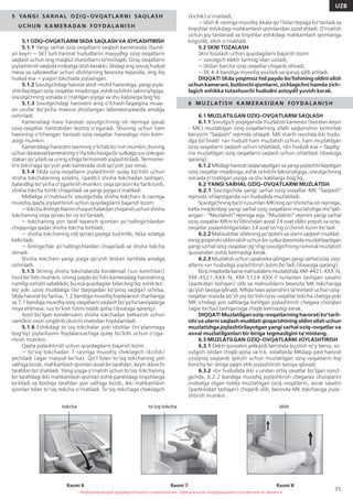 Информация для предварительного ознакомления. Официальной информацией изготовителя не является
35
UZB
Информация для предварительного ознакомления. Официальной информацией изготовителя не является
5 YANGI SARHAL OZIQ-OVQATLARNI SAQLASH
U C H U N KA M E RA DA N FOY DA LA N I S H
5.1 OZIQ-OVQATLARNI SKDA SAQLASH VA JOYLASHTIRISH
5.1.1 Yangi sarhal oziq-ovqatlarni saqlash kamerasida (bund-
an keyin — SK) turli harorat hududlarini mavjudligi oziq-ovqatlarni
saqlash uchun eng maqbul sharoitlarni ta’minlaydi. Oziq-ovqatlarni
joylashtirish vaqtida inobatga olish kerakki, SKdagi eng sovuq hudud
meva va sabzavotlar uchun idishlarning bevosita tepasida, eng iliq
hudud esa — yuqori tokchada joylashgan.
5.1.2 Sovutgichdagi harorat atrof-muhit haroratiga, yangi joyla-
shtirilayotgan oziq-ovqatlar miqdoriga, eshik ochilishi takroriyligiga,
sovutgichning xonada o‘rnatilgan joyiga va shu kabilarga bog‘liq.
5.1.3 Sovutgichdagi haroratni aniq o‘lchash faqatgina muay-
an usullar bo‘yicha maxsus jihozlangan laboratoriyalarda amalga
oshiriladi.
Kameradagi havo harorati sovutgichning ish rejimiga qarab
oziq-ovqatlar haroratidan tezroq o‘zgaradi. Shuning uchun ham
havoning o‘lchangan harorati oziq-ovqatlar haroratiga mos kelm-
asligi mumkin.
Kameradagi haroratni taxminiy o‘lchab ko‘rish mumkin, buning
uchundastavvalkameraningo‘rtatokchasigabirsutkagasuvsolingan
stakan qo‘yiladi va uning ichiga termometr joylashtiriladi. Termome-
trni tokchaga qo‘yish yoki kamerada osib qo‘yish joiz emas.
5.1.4 SKda oziq-ovqatlarni joylashtirish qulay bo‘lishi uchun
shisha tokchalarning xolatini, (pastki) shisha tokchadan tashqari,
balandligi bo‘yicha o‘zgartirish mumkin: orqa qirrasini ko‘tarib turib,
shisha tokcha tortib chiqariladi va yangi joyga o‘rnatiladi.
Mebelga o‘rnatiluvchi sovutgichda shisha tokchani 6-rasmga
muvofiq qayta joylashtirish uchun quyidagilarni bajarish lozim:
— tokcha ilintirgichlarini chuqurchalardan chiqarish uchun shisha
tokchaning orqa qirrasi bir oz ko‘tariladi;
— tokchaning yon taraf tayanch qismlari yo‘naltirgichlardan
chiqqunga qadar shisha tokcha tortiladi;
— shisha tokchaning old qirrasi pastga tushirilib, tikka xolatga
keltiriladi;
— ilintirgichlar yo‘naltirgichlardan chiqariladi va shisha tokcha
olinadi.
Shisha tokchani yangi joyga qo‘yish teskari tartibda amalga
oshiriladi.
5.1.5 SKning shisha tokchalarida kondensat (suv tomchilari)
hosil bo‘lishi mumkin. Uning paydo bo‘lishi kameradagi haroratning
namligi oshishi sabablidir, bu esa quyidagilar bilan bog‘liq: eshik tez-
tez yoki uzoq muddatga (bir daqiqadan ko‘proq vaqtga) ochilsa;
SKda harorat ko‘tarilsa; 1.2 bandiga muvofiq foydalanish shartlariga
va 7.1 bandiga muvofiq oziq-ovqatlarni saqlash bo‘yicha tavsiyalarga
rioya etilmasa; suv to‘kish tizimi tiqilib qolsa (ilovasiga qarang).
Xosil bo‘lgan kondensatni shisha tokchadan ketkazish uchun
namlikni oson singdirib oluvchi matodan foydalaniladi.
5.1.6 Eshikdagi to‘siq-tokchalar yoki idishlar (to‘planmaga
bog‘liq) joylashuvini foydalanuvchiga qulay bo‘lishi uchun o‘zga-
rtirish mumkin.
Qayta joylashtirish uchun quyidagilarni bajarish lozim:
— to‘siq-tokchadan 7-rasmga muvofiq cheklagich (kichik)
yechiladi (agar mavjud bo‘lsa). Qo‘l bilan to‘siq tokchaning yon
sathiga bosib, mahkamlash qismlari avval bir tarafdan, keyin ikkinchi
tarafdan bo‘shatiladi. Yangi joyga o‘rnatish uchun to‘siq-tokchaning
bir tarafidagi ikki mahkamlash qismlari eshik panelidagi tirqishlarga
kiritiladi va boshqa tarafdan yon sathiga bosib, ikki mahkamlash
qismlari bilan to‘siq-tokcha o‘rnatiladi. To‘siq-tokchaga cheklagich
(kichik) o‘rnatiladi;
— idish 8-rasmga muvofiq ikkala qo‘l bilan tepaga ko‘tariladi va
tirqishlar eshikdagi mahkamlash qismlaridan ozod etiladi. O‘rnatish
uchun joy tanlanadi va tirqishlar eshikdagi mahkamlash qismlariga
kirgizilib, idish o‘rnatiladi.
5.2 SKNI TOZALASH
SKni tozalash uchun quyidagilarni bajarish lozim:
— sovutgich elektr tarmog‘idan uziladi;
— SKdan barcha oziq-ovqatlar chiqarib olinadi;
— SK 4.4 bandiga muvofiq yuviladi va quruq qilib artiladi.
DIQQAT! SKda yoqimsiz hid paydo bo‘lishining oldini olish
uchun kamerani, butlovchi qismlarni, zichlagichni hamda zich-
lagich eshikka tutashuvchi hududni astoydil yuvish kerak.
6 M U Z LAT I S H KA M E RAS I DA N FOY DA LA N I S H
6.1 MUZLATILGAN OZIQ-OVQATLARNI SAQLASH
6.1.1 Sovutgich yoqilganida muzlatish kamerasi (bundan keyin
- MK) muzlatilgan oziq-ovqatlarning sifatli saqlanishini ta’minlab
beruvchi “Saqlash” rejimida ishlaydi. MK shartli ravishda ikki hudu-
dga bo‘linadi: «a» hududi ham muzlatish uchun, ham muzlatilgan
oziq-ovqatlarni saqlash uchun ishlatiladi, «b» hududi esa — faqatg-
ina muzlatilgan oziq-ovqatlarni saqlash uchun ishlatiladi (ilovasiga
qarang).
6.1.2 MKdagi harorat saqlanayotgan va yangi joylashtirilayotgan
oziq-ovqatlar miqdoriga, eshik ochilishi takroriyligiga, sovutgichning
xonada o‘rnatilgan joyiga va shu kabilarga bog‘liq.
6.2 YANGI SARHAL OZIQ-OVQATLARNI MUZLATISH
6.2.1 Sovutgichda yangi sarhal oziq-ovqatlar MK “Saqlash”
rejimida ishlayotganda «a» hududida muzlatiladi.
Sovutgichning ba’zi rusumlari MKning qo‘shimcha ish rejimiga,
katta miqdordagi yangi sarhal oziq-ovqatlarni muzlatishga mo‘ljall-
angan - “Muzlatish” rejimiga ega. “Muzlatish” rejimini yangi sarhal
oziq-ovqatlar MKni to‘ldirishdan avval 24 soat oldin yoqish va oziq-
ovqatlar joylashtirilganidan 24 soat so‘ng o‘chirish lozim bo‘ladi.
6.2.2 Mahsulotlar sifatining yo‘qolishi va ularni saqlash muddat-
ining qisqarishi oldini olish uchun bir sutka davomida muzlatilayotgan
yangi sarhal oziq-ovqatlar og‘irligi sovutgichning nominal muzlatish
quvvatidan oshib ketmasligi kerak.
6.2.3 Muzlatish uchun upakovka qilingan yangi sarhal oziq-ovq-
atlarni «a» hududiga joylashtirish lozim bo‘ladi (ilovasiga qarang).
Ko’pmiqdordabarramahsulolarnimuzlatishdaХМ-4421-ХХХ-N,
ХМ-4521-ХХХ-N, ХМ-5124-ХХХ-F turlardan tashqari savatni
(pastkidan tashqari) olib va mahsulolarni bevosita MK tokchasiga
qo’yish tavsiya qilinadi. MKda havo aylanishini ta’minlash uchun oziq-
ovqatlar orasida bo‘sh joy bo‘lishi oziq-ovqatlar tokcha chetiga yoki
MK ichidagi yon sathlarga tortilgan joylashtirish chegara chiziqlari
(agar bo‘lsa) tashqarisiga chiqib ketmasligi kerak.
DIQQAT! Muzlatilgan oziq-ovqatlarning harorati ko‘taril-
ishi va ularni saqlash muddati qisqarishining oldini olish uchun
muzlatishga joylashtirilayotgan yangi sarhal oziq-ovqatlar va
avval muzlatilganlari bir biriga tegmasligini ta’minlang.
6.3 MUZLATILGAN OZIQ-OVQATLARNI JOYLASHTIRISH
6.3.1 Elektr quvvatini yetkazib berishda buzilish ro‘y bersa, so-
vutgich ishdan chiqib qolsa va h.k. xolatlarda MKdagi past harorat
uzoqroq saqlanib qolishi uchun muzlatilgan oziq-ovqatlarni iloji
boricha bir-biriga yaqin etib joylashtirish tavsiya qilinadi.
6.3.2 «b» hududida ikki v undan ortiq savatlar bo‘lgan sovut-
gichda, 6.2.2 bandiga muvofiq joylashtirish chegarasi chiziqlarini
inobatga olgan holda muzlatilgan oziq-ovqatlarni, avval savatni
(pastkisidan tashqari) chiqarib olib, bevosita MK tokchasiga joyla-
shtirish mumkin.
Rasmi 8
tokcha
Rasmi 6
to‘siq-tokcha
Rasmi 7
idish
 