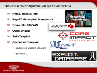 Nmap, Nessus, etc.
Rapid7 Metasploit Framework
Immunity CANVAS
CORE Impact
SAINTexploit
Другие источники:
• public eq exploit-db.com
• private …
Поиск и эксплуатация уязвимостей
 